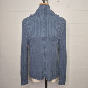 Eileen Fisher 100% Cotton Blue Ribbed Full Zip Cardigan Size M